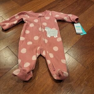 NWT Carters Baby Girl Fleece Pink Polka Dot Lamb Zipped Sleeper Size 0-3mos